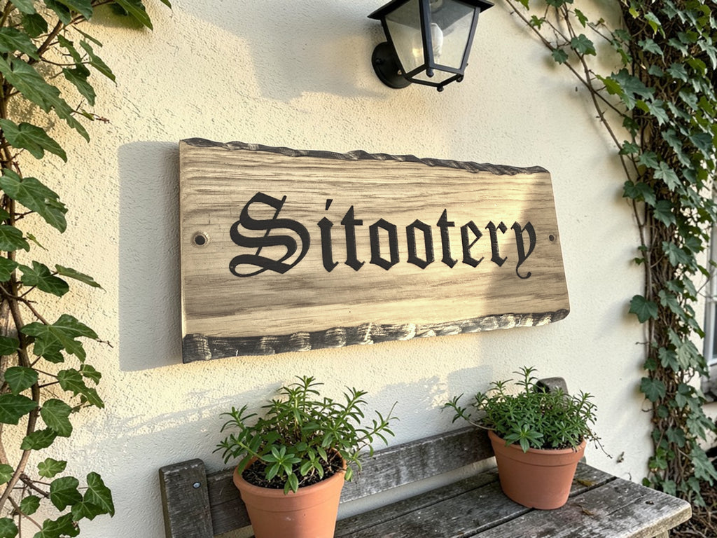 Cottage style personalised oak house name plaque handmade in UK mounted on exterior wall
