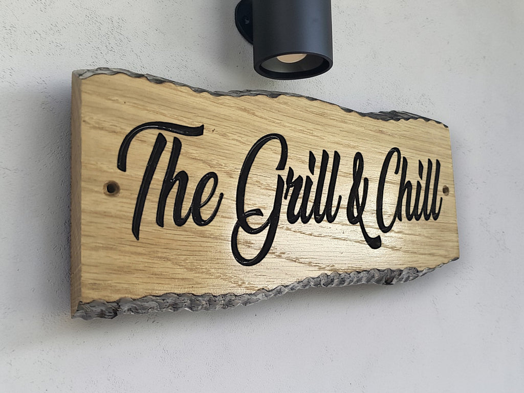 Custom engraved oak house sign with script font exterior wooden address plaque UK