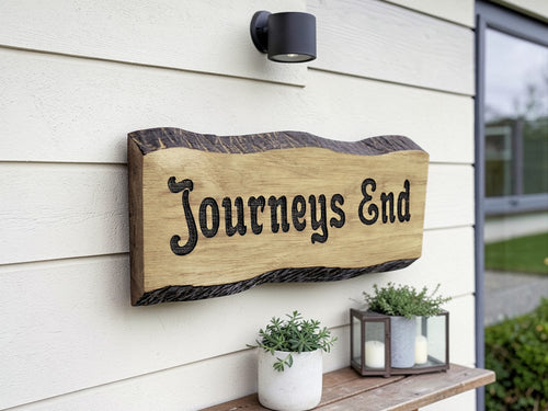 Bespoke solid oak house name sign handmade in UK mounted on modern exterior wall with outdoor light