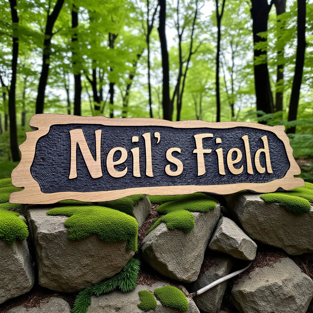 Neil’s Field personalised oak lodge name sign outdoors