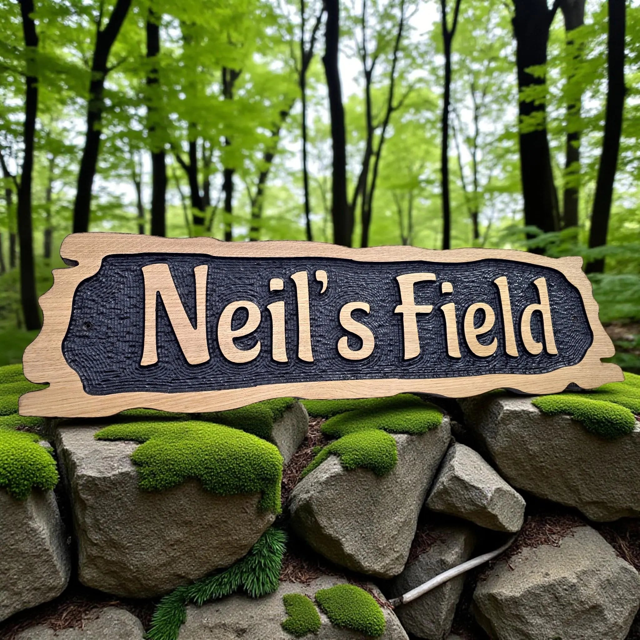 Neil’s Field personalised oak lodge name sign outdoors