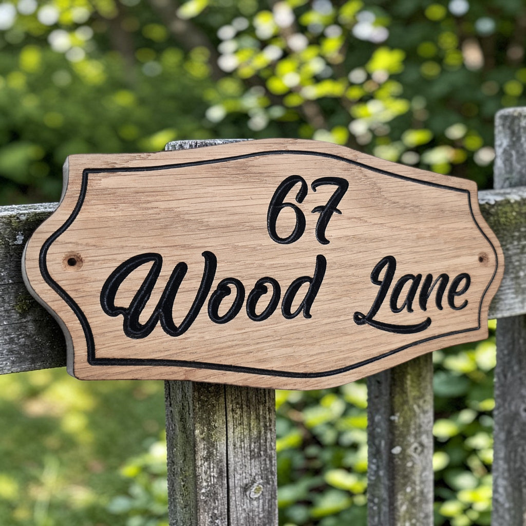 Oak house sign mounted on garden gate