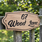 Oak house sign mounted on garden gate