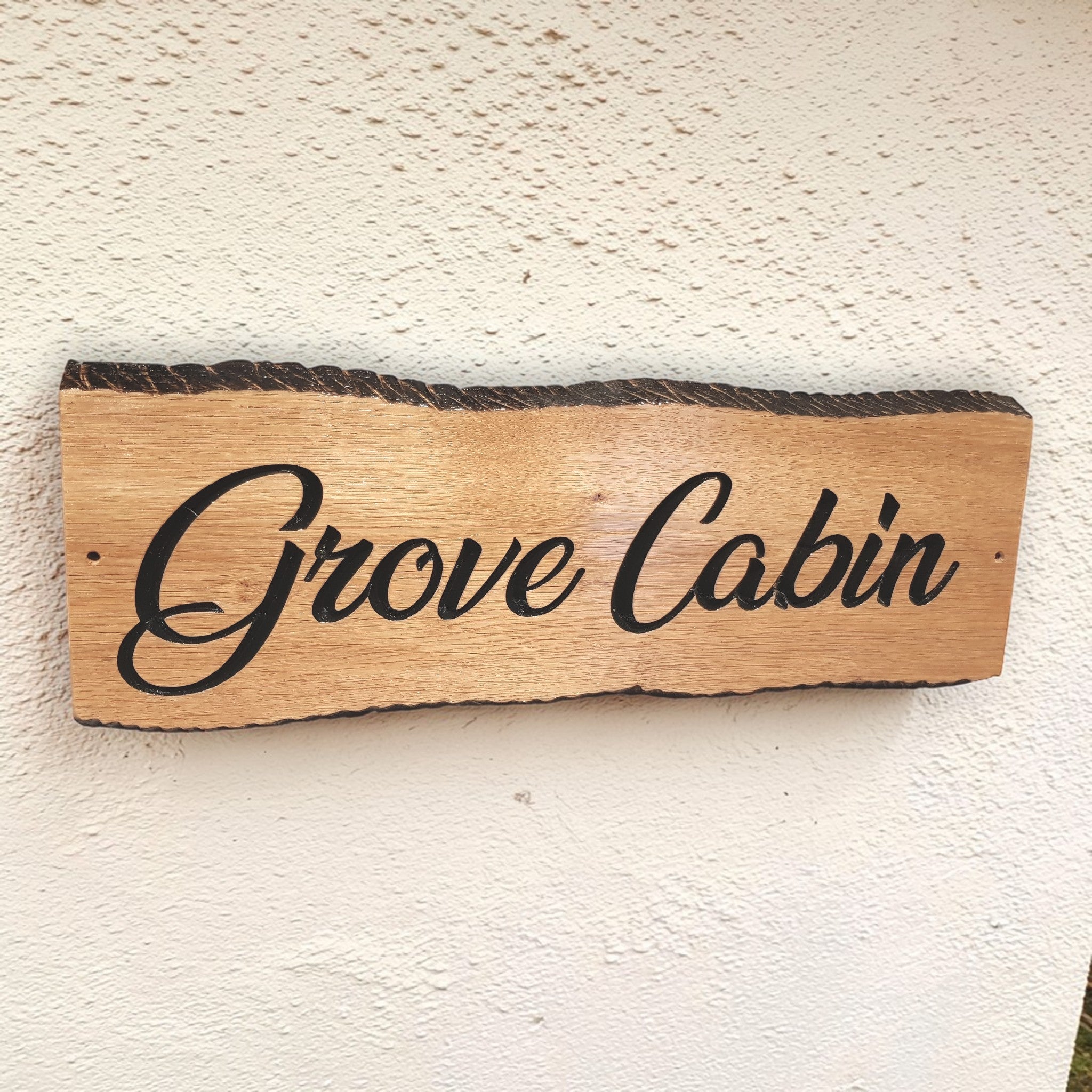 Grove Cabin engraved oak cottage name sign rustic wood