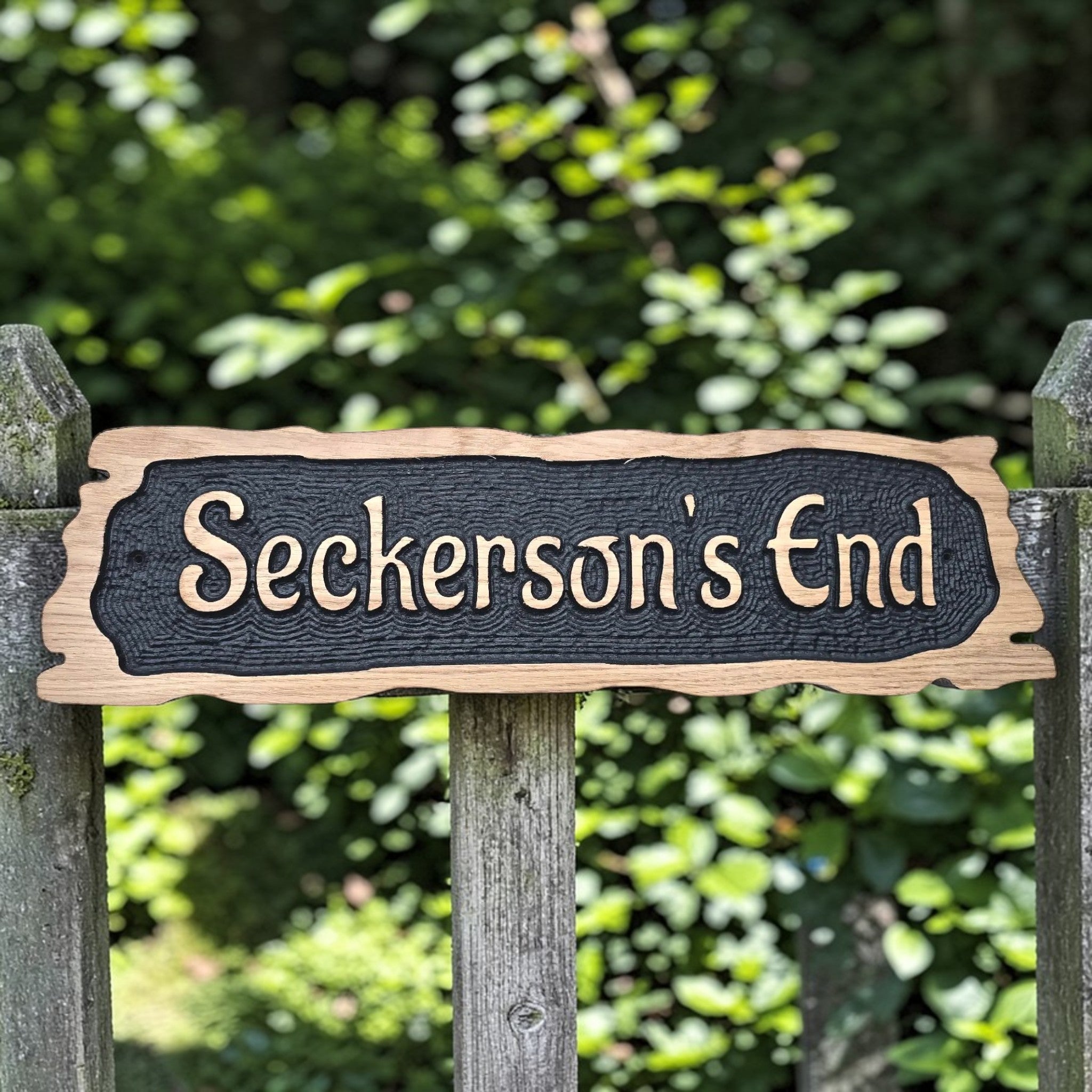 Seckenson’s End personalised rustic oak cottage name sign