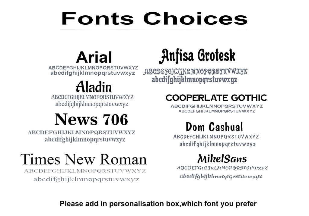 Font choices chart for personalised wooden name sign
