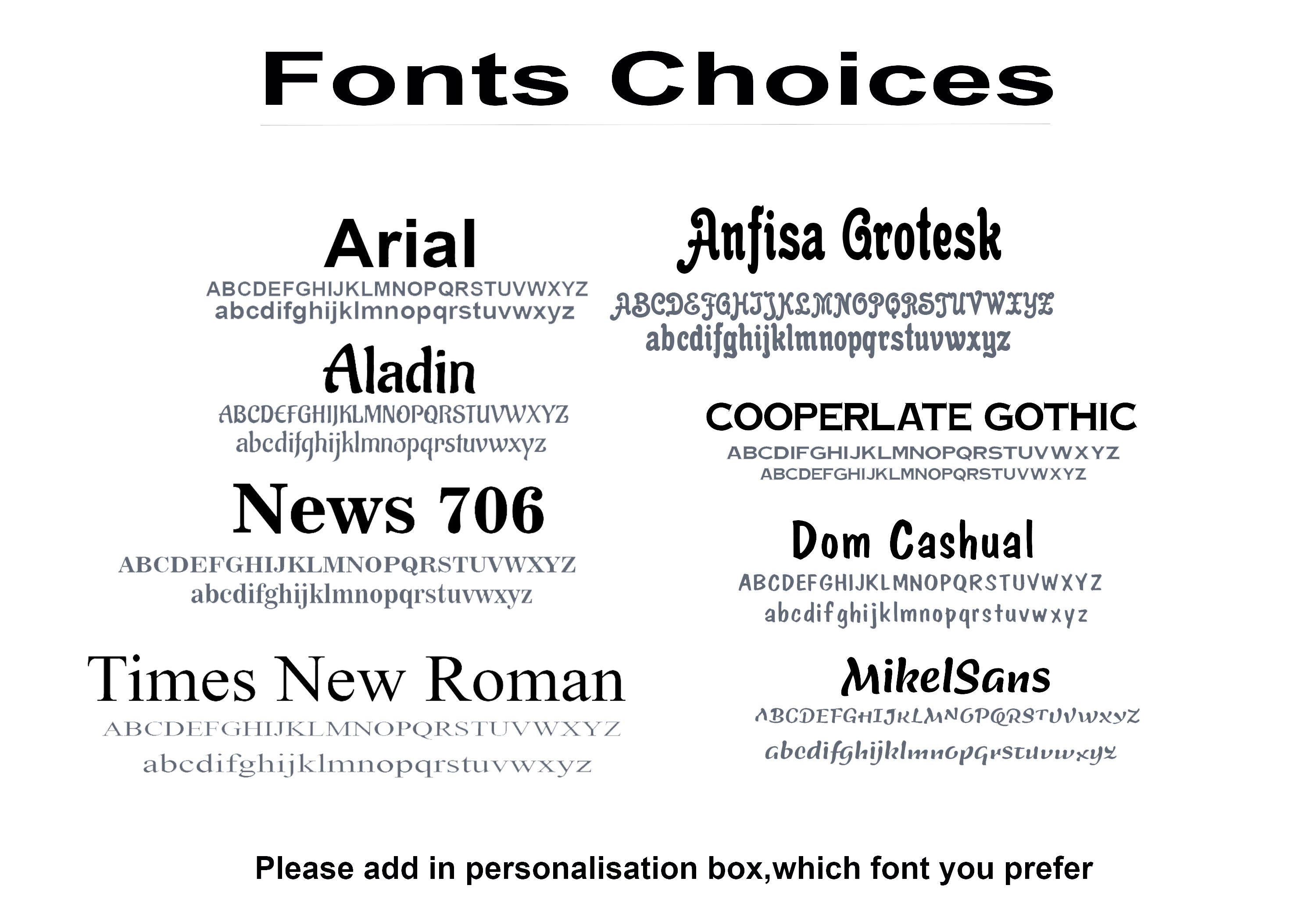 Font choices chart for personalised wooden name sign