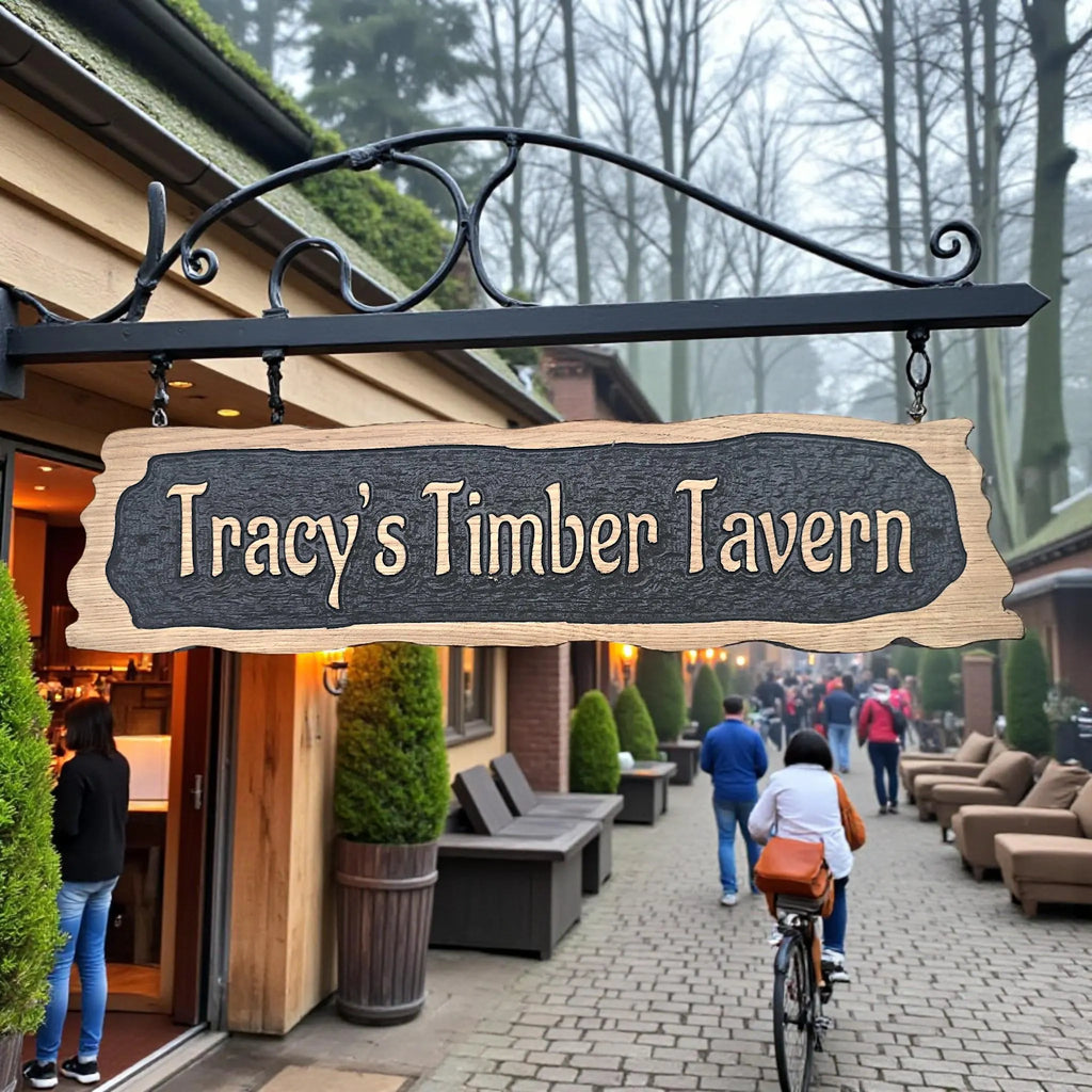 Tracy’s Timber Tavern hanging rustic wooden pub sign