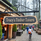 Tracy’s Timber Tavern hanging rustic wooden pub sign