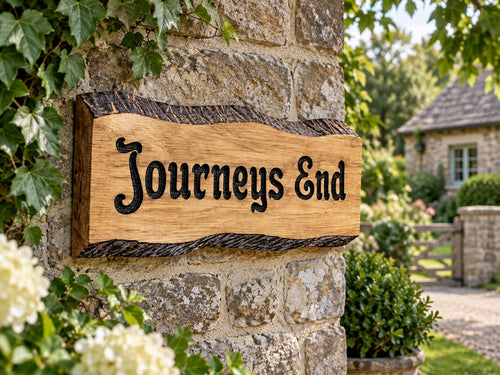 A rustic handcrafted wooden sign with the words 'Journeys End' in black script, mounted on a stone pillar in a garden setting.