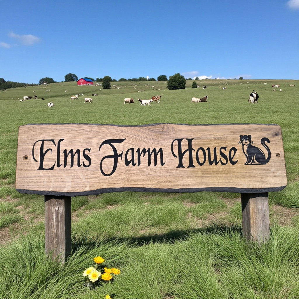 Elms Farm House rustic oak sign in countryside setting