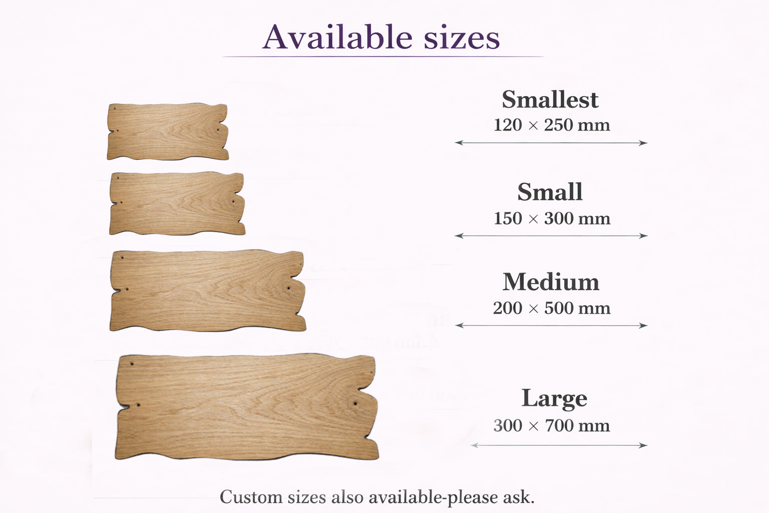 Oak house sign available sizes 120x250mm 150x300mm 200x500mm 300x700mm size guide