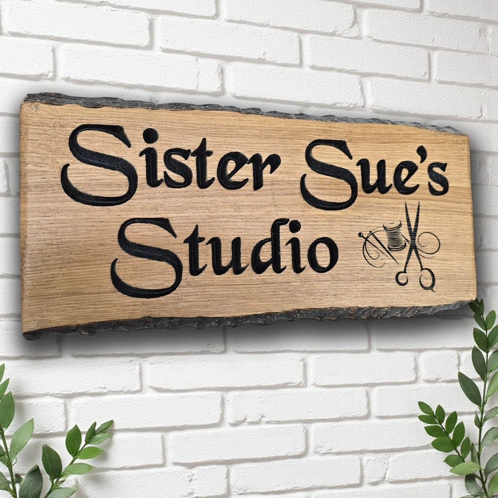 Sister Sue’s Studio personalised oak business sign