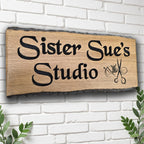 Sister Sue’s Studio personalised oak business sign