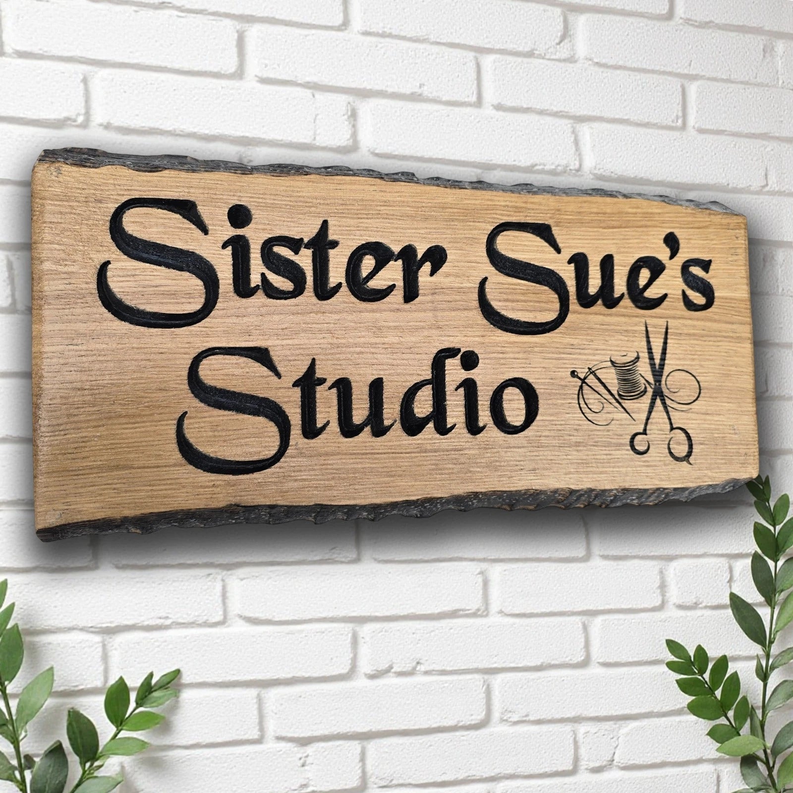 Sister Sue’s Studio personalised oak business sign