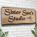 Sister Sue’s Studio personalised oak business sign