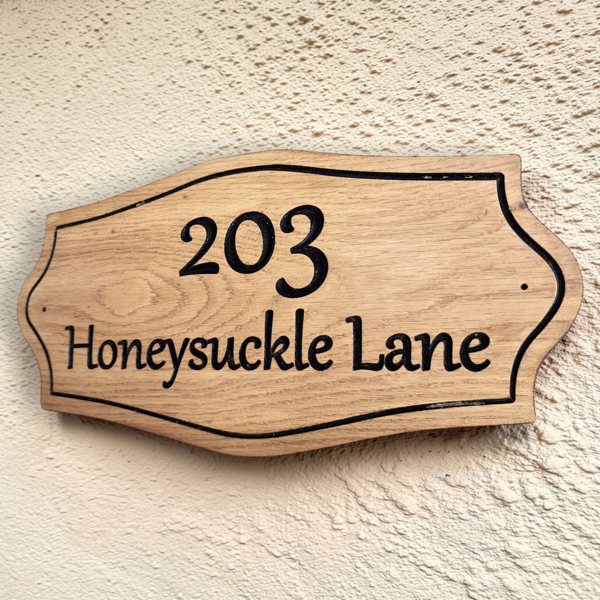 Personalised oak house number sign Honeysuckle Lane