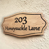 Personalised oak house number sign Honeysuckle Lane