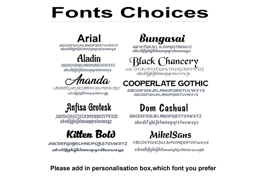 Font options available for personalised solid oak house name sign UK