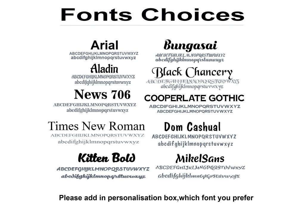 Available font options for personalised oak wooden house and garden signs