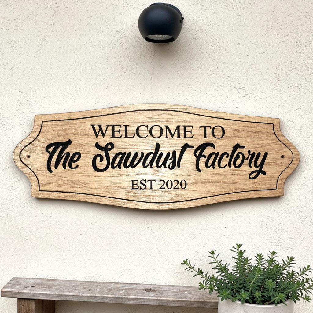 Personalised oak house sign mounted on exterior wall