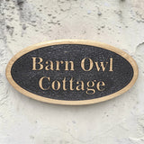 Front view of oval oak outdoor house sign