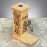Personalised wooden whiskey dispenser stand with engraved name and brass tap