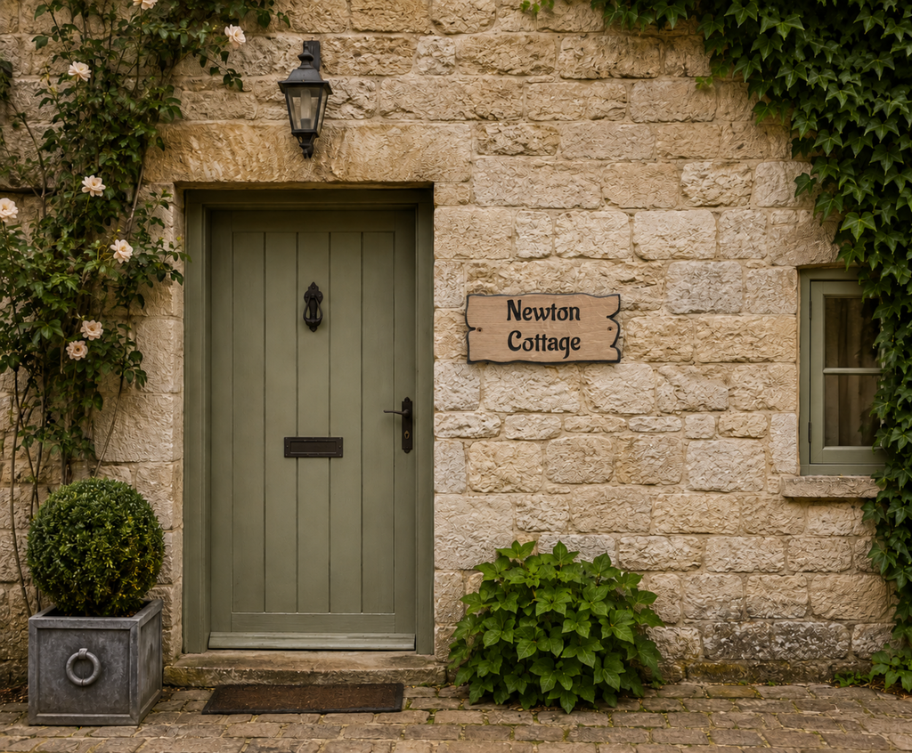 Personalised solid oak cottage sign mounted on a traditional stone cottage wall