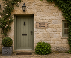 Personalised solid oak cottage sign mounted on a traditional stone cottage wall