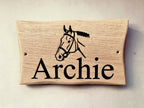 Personalised solid oak horse name sign engraved with horse design, indoor wall display
