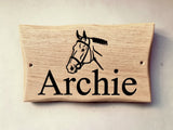 Personalised solid oak horse name sign engraved with horse design, indoor wall display