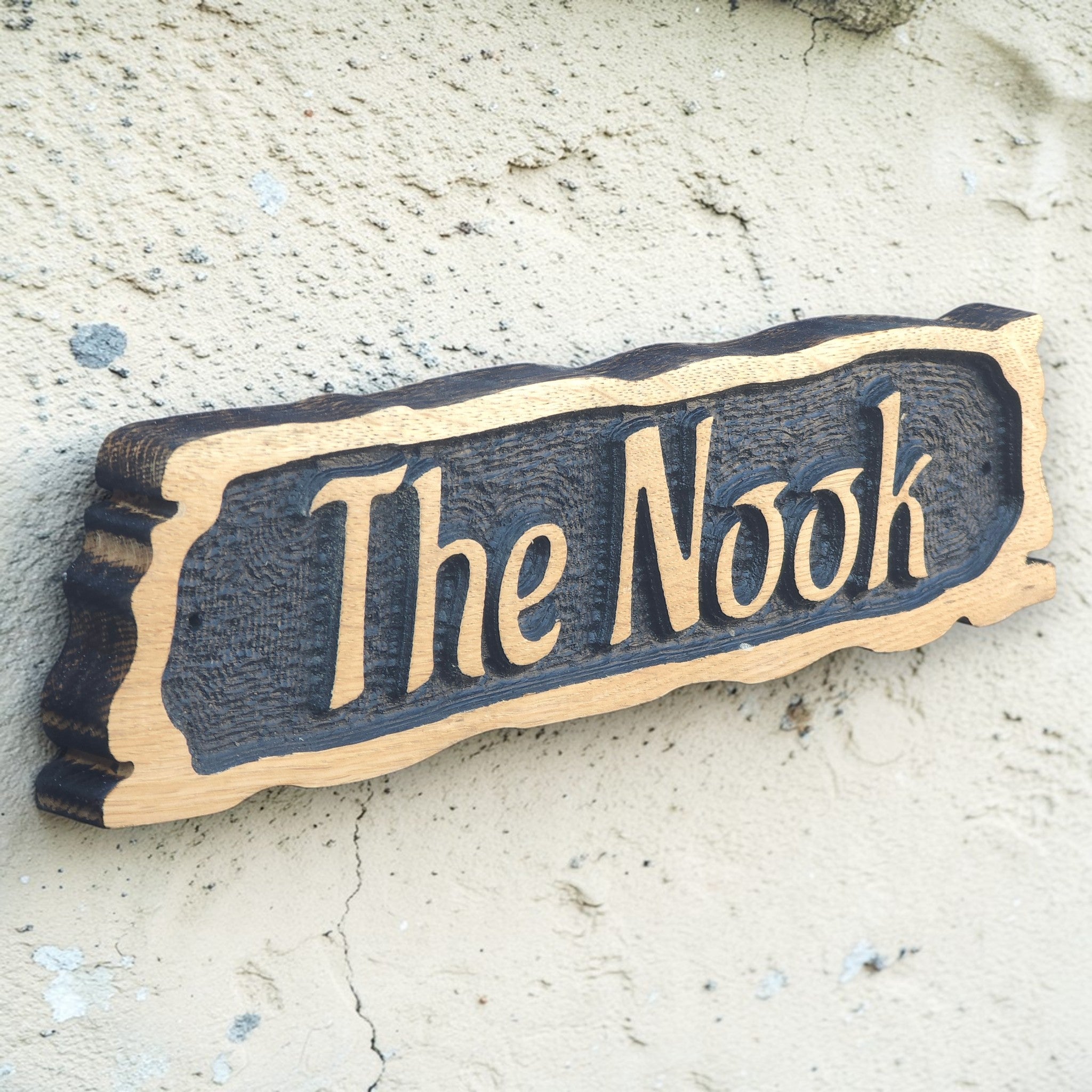 Hand carved oak house sign rustic natural wood finish