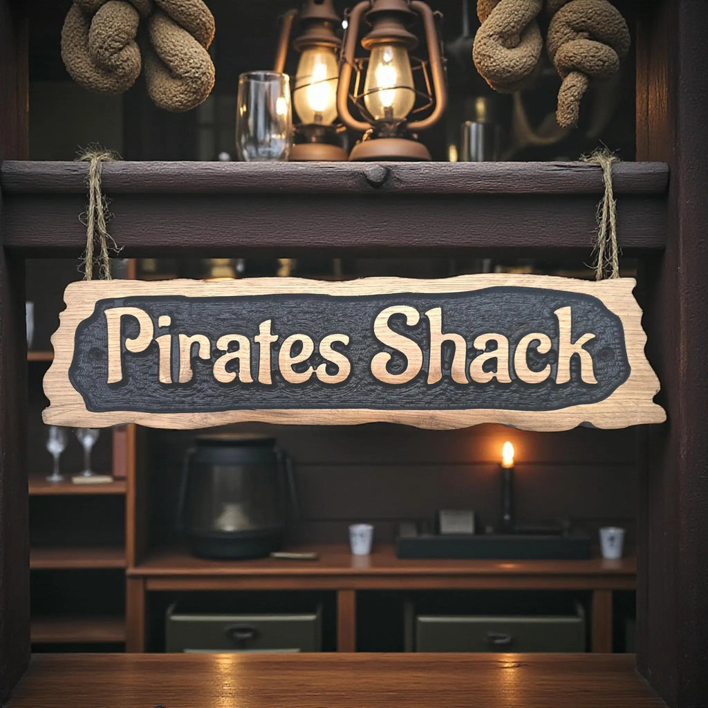 Wooden sign with 'Pirates Shack' text in a rustic interior setting.