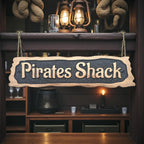 Wooden sign with 'Pirates Shack' text in a rustic interior setting.