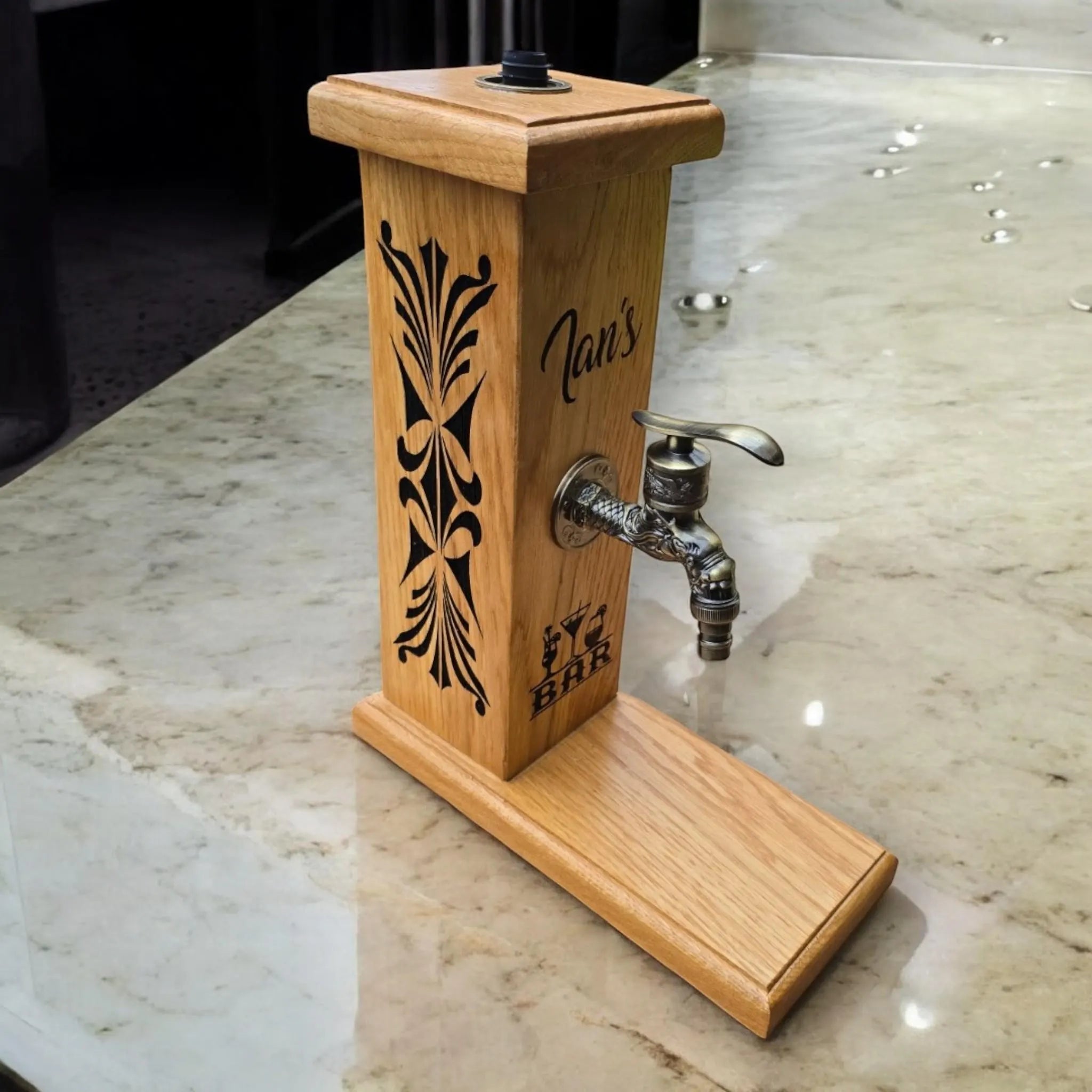 Rustic whiskey dispenser stand personalised with name