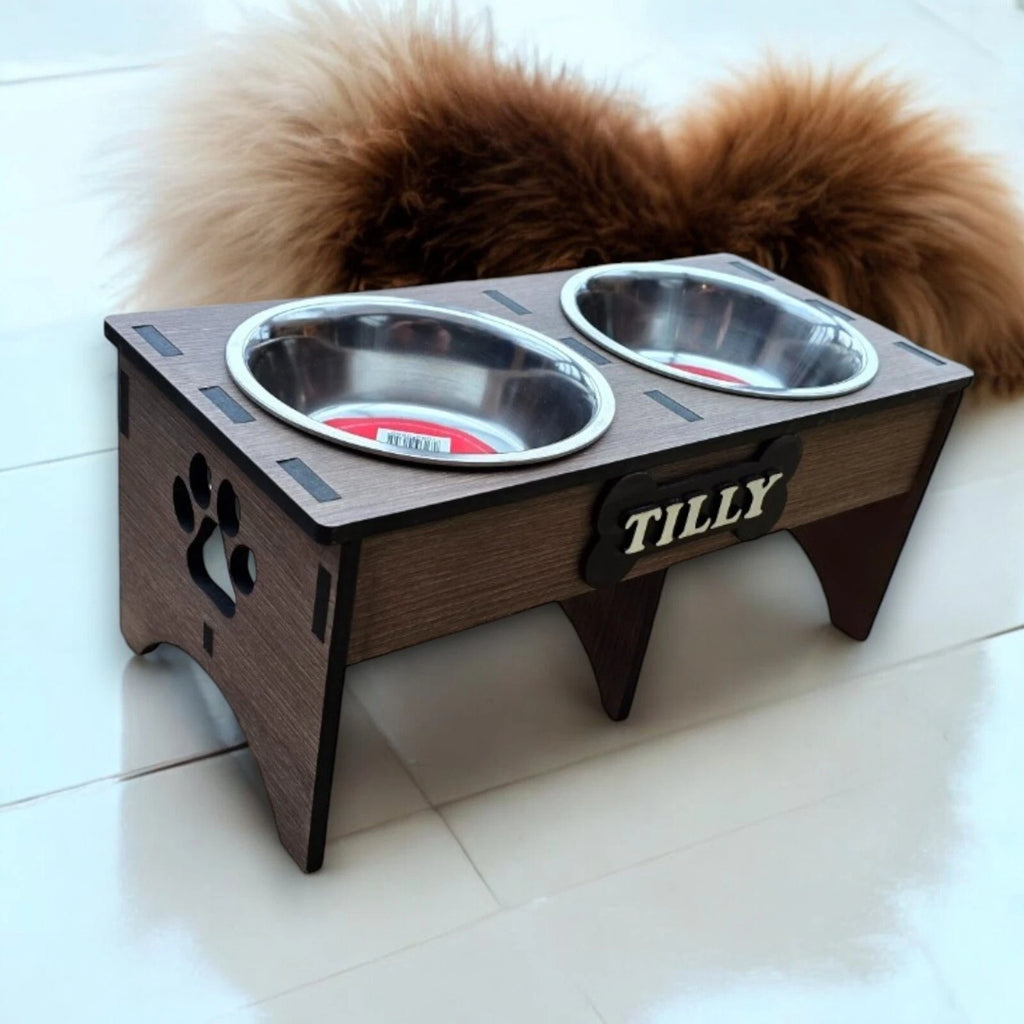 Personalised Raised Dog Bowl – Custom Wooden Pet Feeding Station