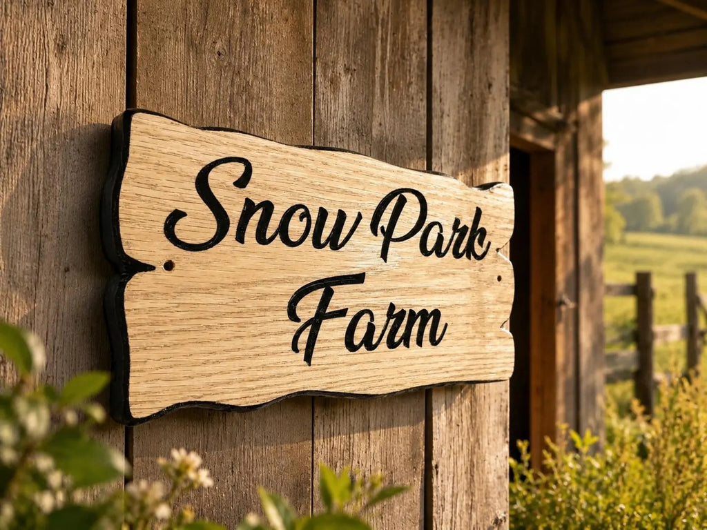 Angled view of personalised wooden cottage sign mounted on a rustic timber building